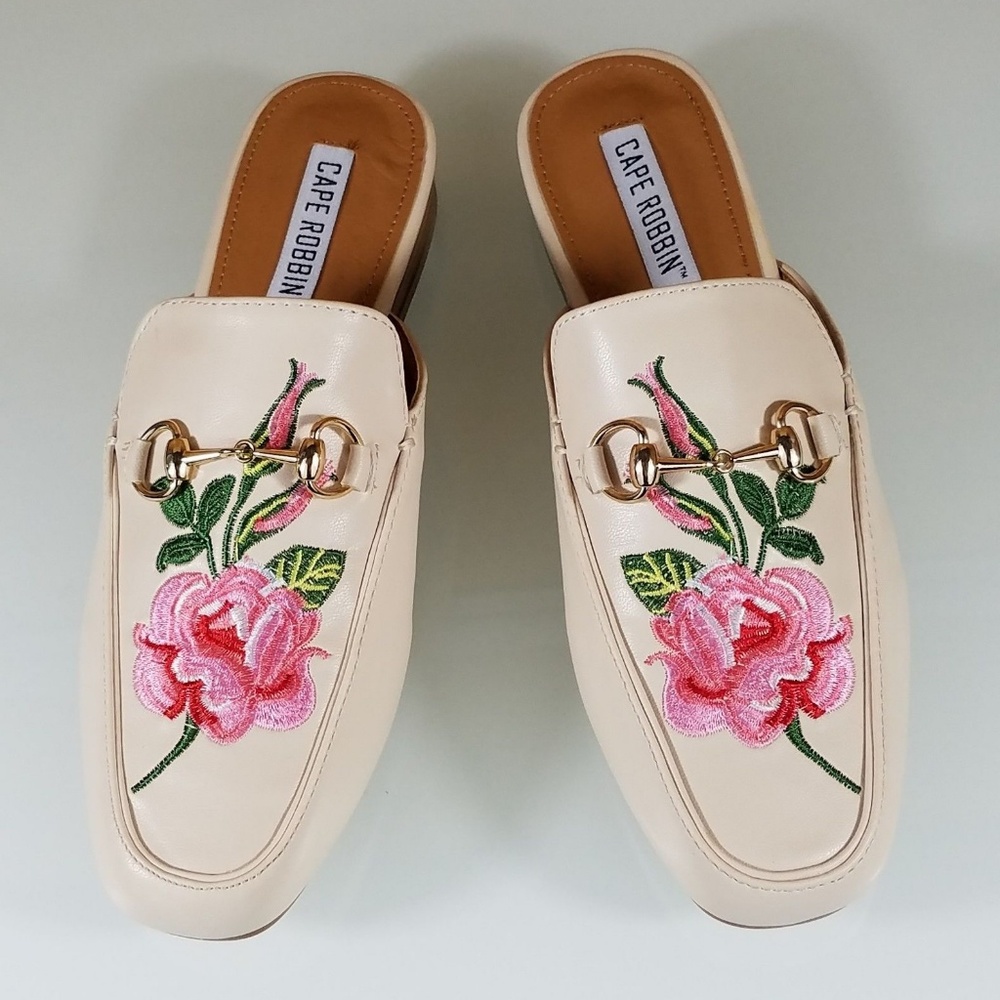 Nude Mule Clog Embroidered Rose shoe Slipper NIB